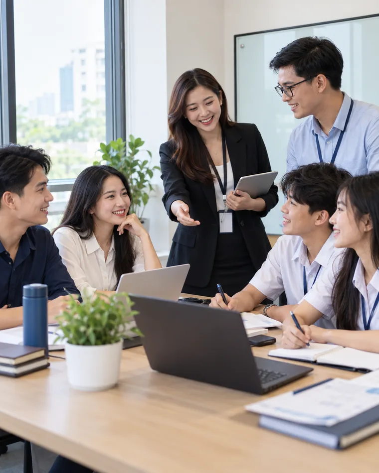 Nhóm nhân sự văn phòng họp quanh bàn làm việc với laptop, một quản lý đứng hướng dẫn