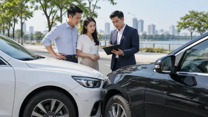 Hình ảnh mô phỏng nhân viên tư vấn trao đổi với chủ xe bên cạnh hai ô tô