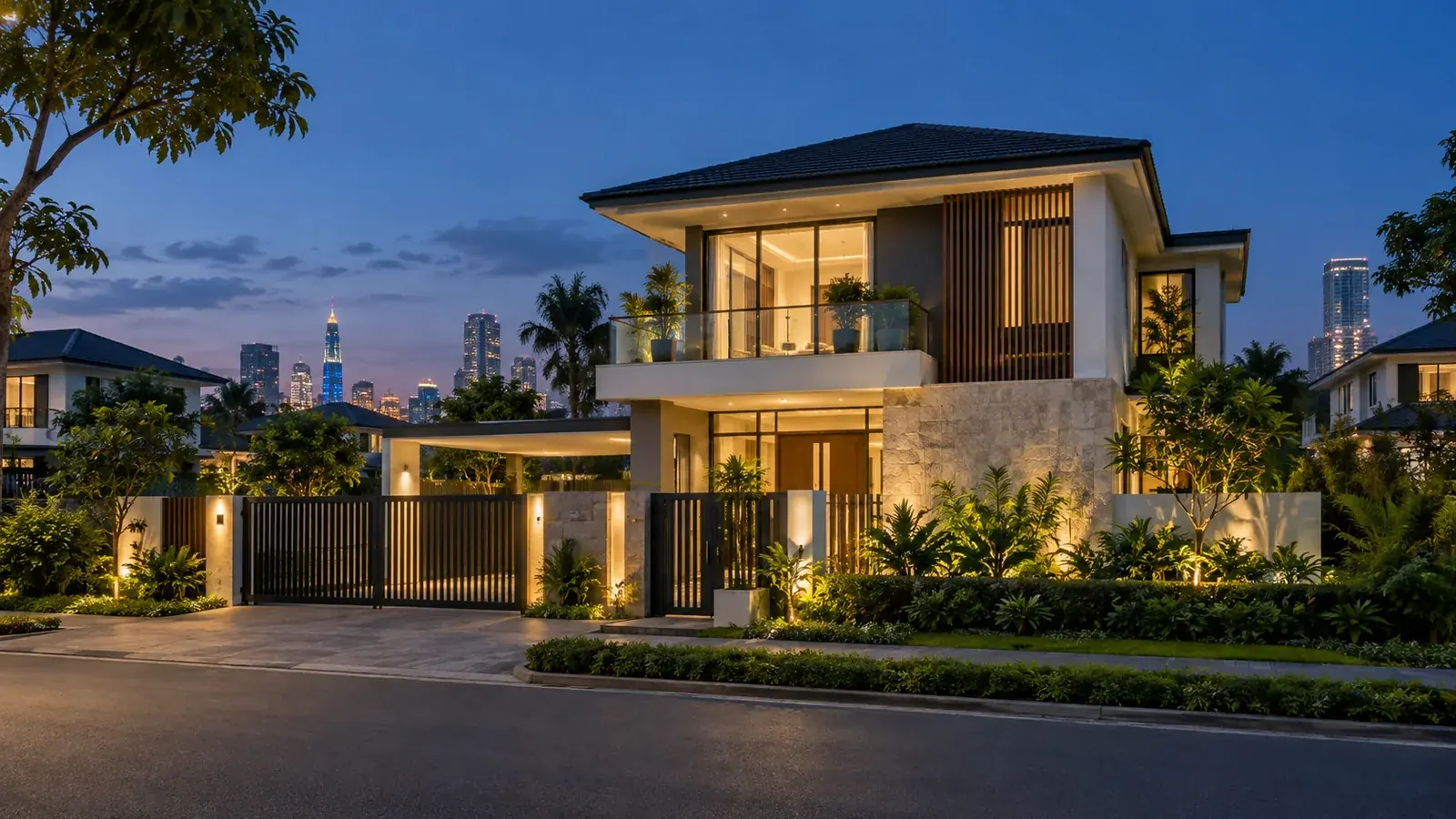 Nhà tư nhân hiện đại trong khu dân cư vào buổi tối