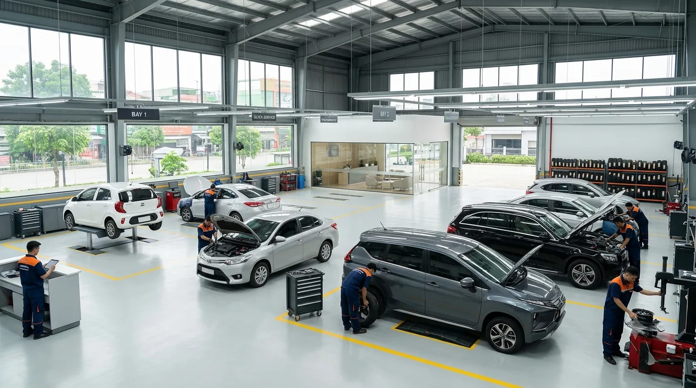 Xưởng dịch vụ ô tô nhiều khoang sửa chữa, minh hoạ quy mô mạng lưới gara hợp tác