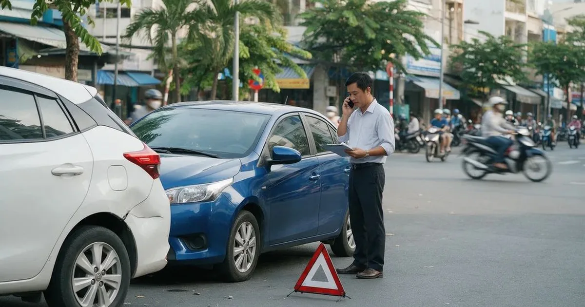 Hình ảnh mô phỏng ô tô xanh va quệt đuôi ô tô trắng trên phố, tam giác cảnh báo đặt trên đường, người lái gọi điện thoại và cầm tập hồ sơ
