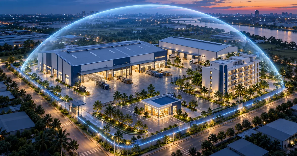 Hình ảnh mô phỏng nhóm nhà xưởng, kho, chung cư và cửa hàng được che chắn bởi một vòng bảo vệ