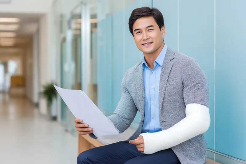 Hình ảnh mô phỏng người đàn ông bó bột cánh tay cầm giấy tờ, ngồi ở hành lang cơ sở y tế