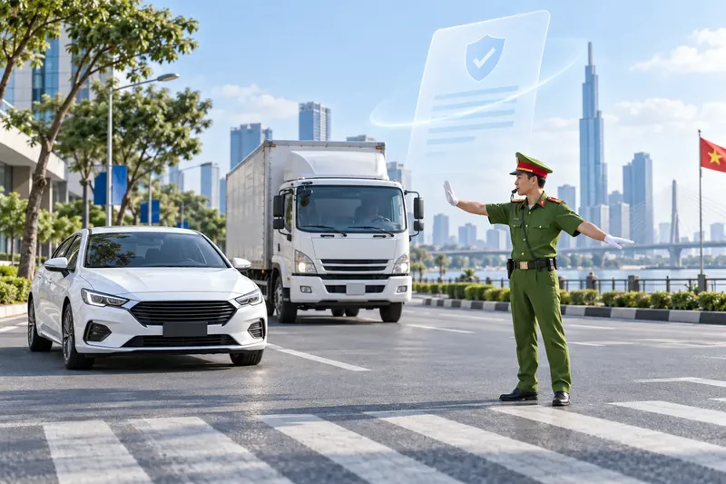 Hình ảnh mô phỏng cảnh sát giao thông ra hiệu cho ô tô và xe tải dừng trên đường phố có nhà cao tầng