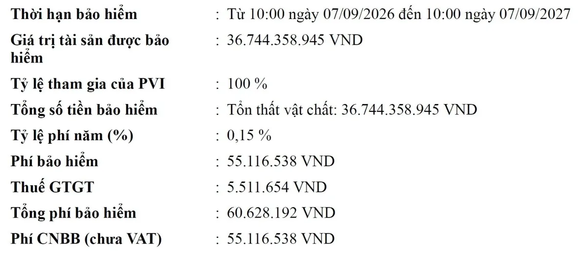 Phần phí trên giấy chứng nhận bảo hiểm cháy nổ bắt buộc PVI: giá trị tài sản, tỷ lệ phí 0,15% năm, phí bảo hiểm, thuế GTGT và tổng phí