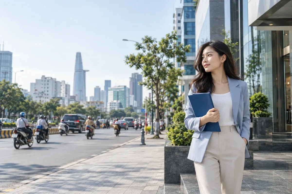 Hình ảnh mô phỏng người đi bộ cầm bìa hồ sơ trên vỉa hè một con đường ở TP.HCM, phía sau có tòa nhà cao tầng và nhiều xe máy
