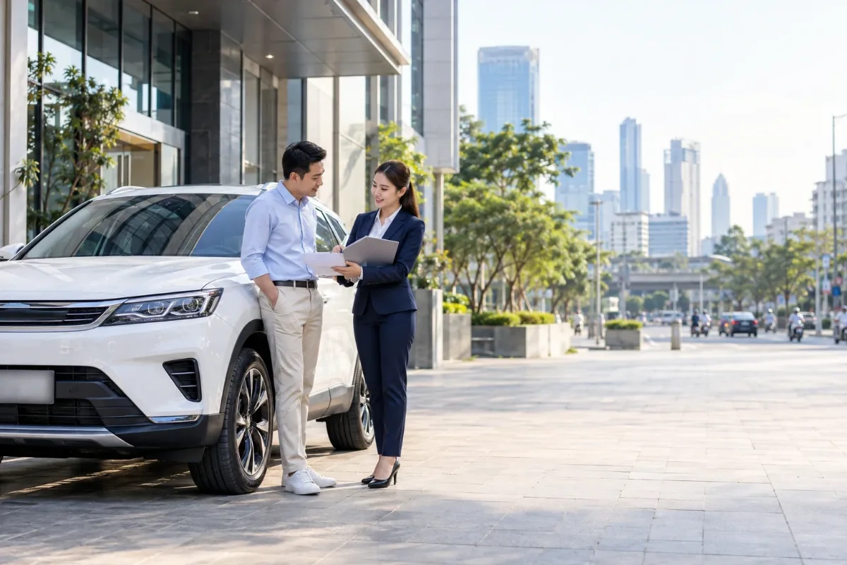 Hình ảnh mô phỏng nhân viên tư vấn cầm hồ sơ trao đổi với chủ xe bên cạnh chiếc ô tô màu trắng, biển số đã được làm mờ