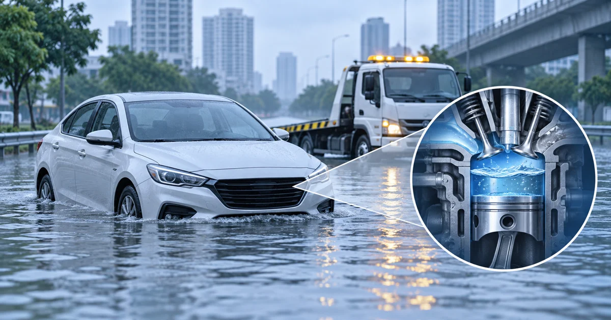 Hình ảnh mô phỏng tình huống xe bị thủy kích: xe dừng tại vùng ngập và xe cứu hộ đang hỗ trợ