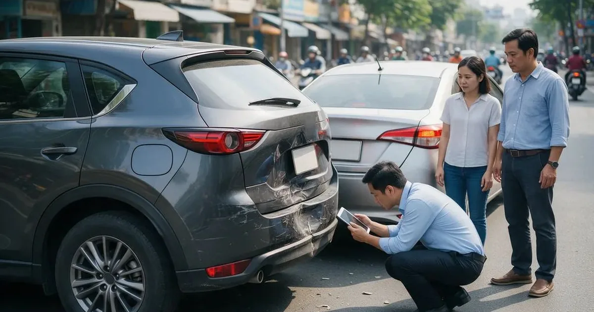 Hình ảnh mô phỏng giám định viên chụp vết móp ở cản sau xe SUV bị ô tô phía sau tông vào trên phố